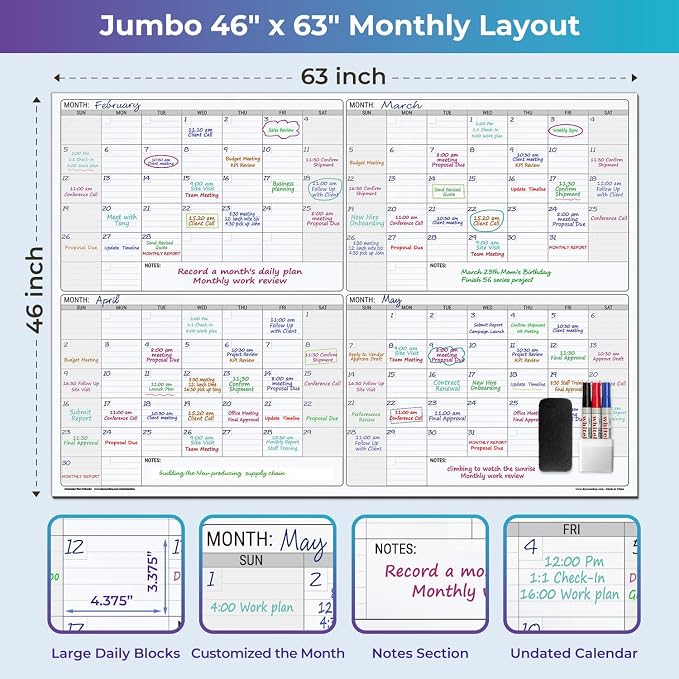 Extra Large Magnetic Dry Erase Calendar 4 Month,46x63 in Magnetic Calendar | Giant Huge Size Erasable Laminated Four Monthly Whiteboard Calendar, Oversized Blank 120 Days White Board Poster for Office