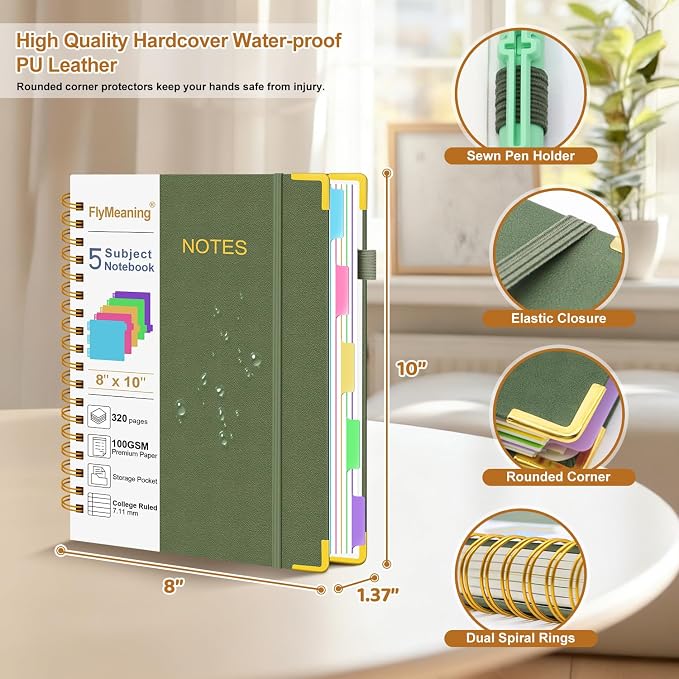 Hardcover Spiral Notebook Journal with Removable Dividers Tabs | 320 Pages, 5 Subject Notebooks College Ruled, 8"x10" Large B5 Leather for Work & School, Lined Journal for Women
