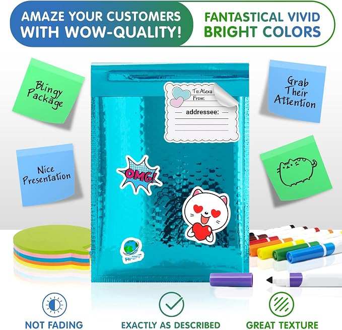 Glamour Metallic Bubble Mailers 8.5 x 11 Inches Teal, 100 Pack Padded Envelopes for Shipping, Mailing, Packaging Protection