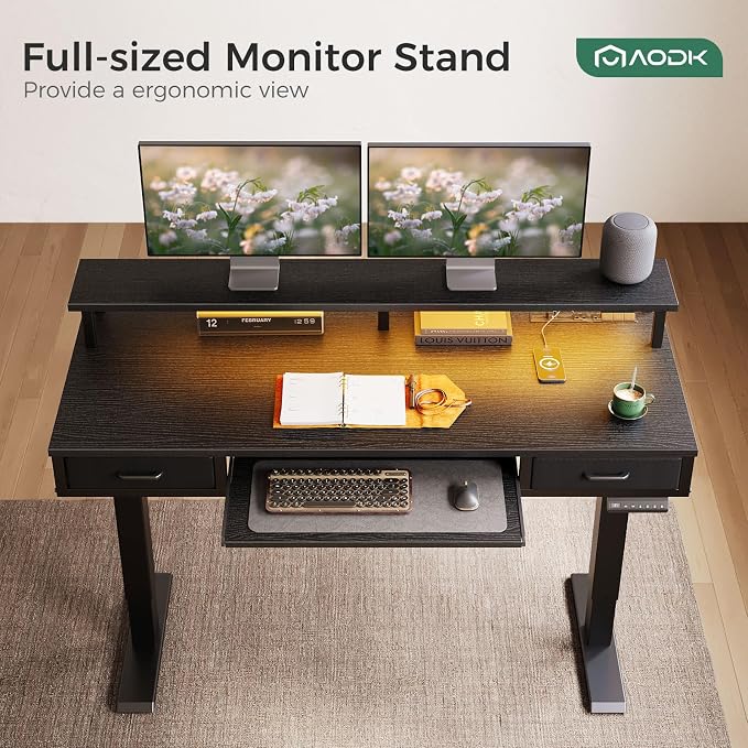 AODK 55 Inch Electric Standing Desk with Drawers & Keyboard Tray, Black | Power Outlet, LED Lights, Monitor Stand, Cable Management Tray, 3 Memory Heights, 29.9"-46.1" in Range
