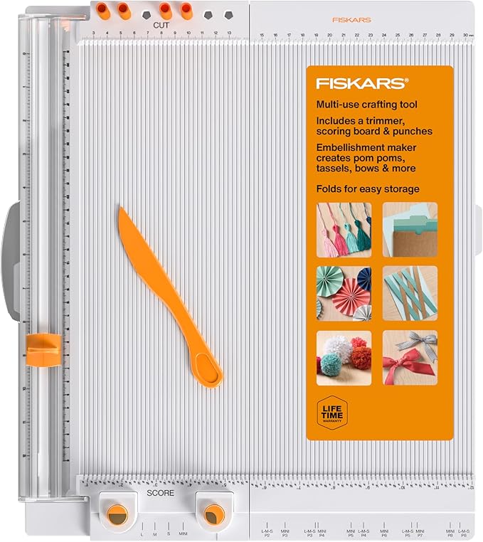 Fiskars 12" All-in-One PPC Tool, TripleTrack System, Scoring Surface, Pom Pom and Tassel Maker, Compact Folding Design for Crafting