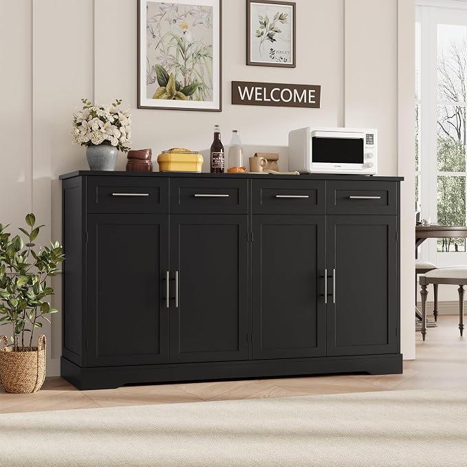 HOSTACK 60" W Sideboard Buffet Cabinet with Storage, Kitchen Cabinet, Black | 36 Tall Kitchen Buffet Storage Cabinet with 4 Drawer, Large Coffee Bar Cabinet, Modern Buffet Table for Dining Living Room