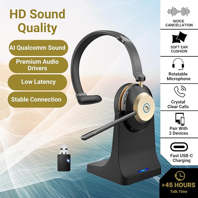 Bluetooth Headset, Wireless Headset with Mic for Work, Bluetooth 5.3, Wireless Headphones with AI Noise Cancelling Microphone (Clear Calls & Mic Mute), for Computer/PC/Laptop, USB Dongle.