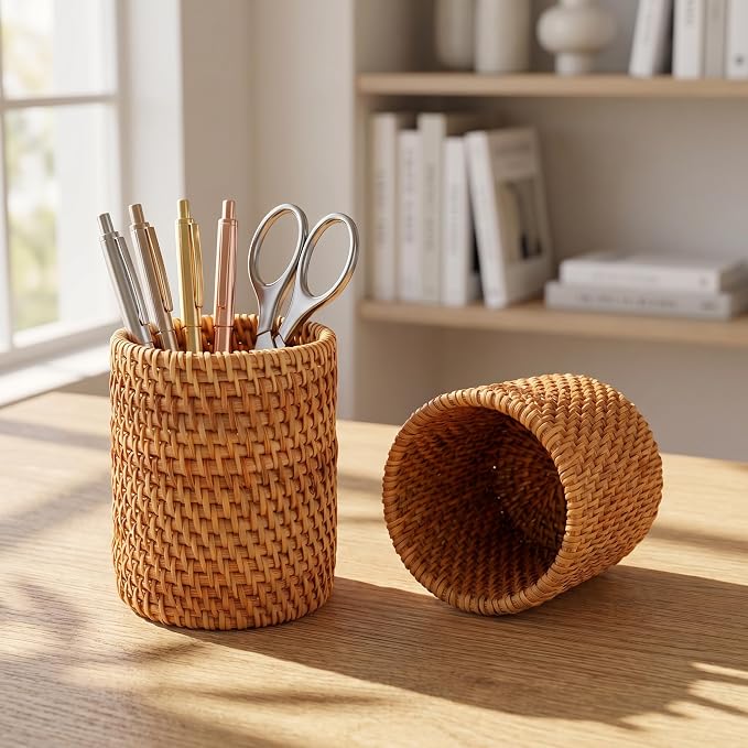 Okllen 2 Pack Rattan Pencil Holder, Handmade Wicker Pen Cup Makeup Brushes Holder, Woven Vine Desk Organizer Pen Container Box for Office & Home Desktop, Kitchen Utensil Cutlery, Cylinder