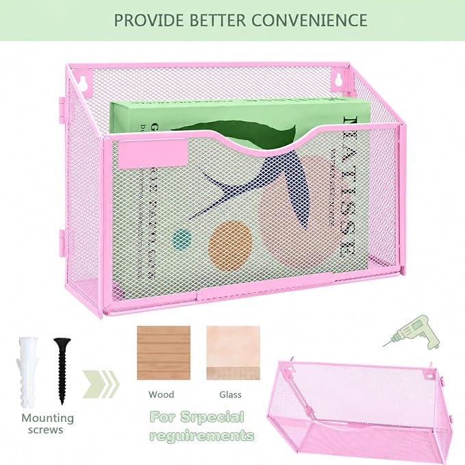 1 Pocket Mesh Wall File Holder Organizer Office Hanging File Folder Magazine Rack, Nametag Label Hooks Set Included (Pink)
