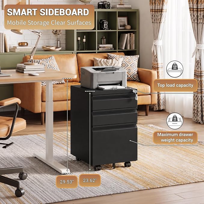 3 Drawer Small Under Desk Rolling File Cabinet with Lock for Home Office | Fully Assembled,Central Locking System,Metal,Pencil Tray,Hanging File Bar,Anti-Tipping Caster