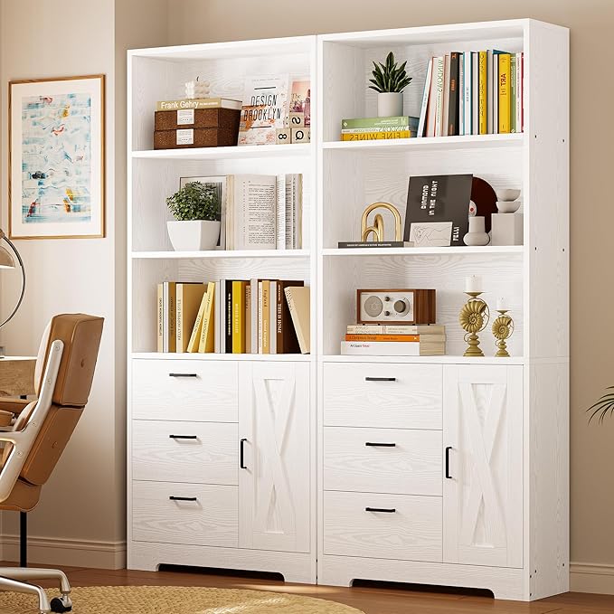 IRONCK 71 in Bookshelf with Doors and 3 Drawers, Industrial Tall Bookcase | Engineered wood with 3-tier shelves, 3 drawers, enclosed storage, anti-tip hardware, 132 lb maximum capacity, for home office