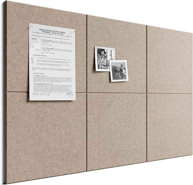 Bumusty 36" x 24" Large Cork Board Alternative, Taupe | 6-Pack Felt Bulletin Board Tiles, 60 Adhesive Tabs, 30 Pushpins, Home, Office, Classroom, Vision Board
