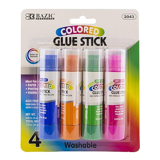 BAZIC Products Washable Colored Glue Stick 8g/0.28 Oz, All Purpose Acid Glue Sticks for Kids Photos Paper Kids at School Home Office (4/Pack), 144-Pack