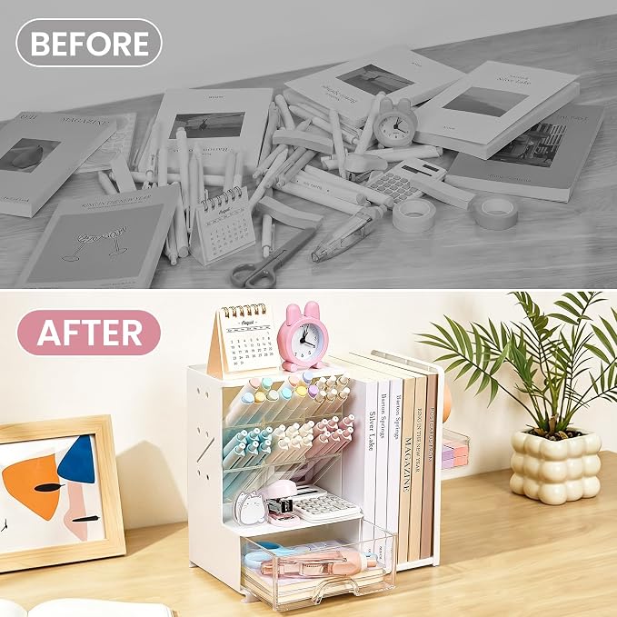 Sooez Desk Organizer with Bookends, Pegboard & Drawer, Pen & Pencil Holder | Desk Accessories with 5 Compartments, Teacher School Office Supplies, Dorm Room Organization Storage for Sticky Notes, Black