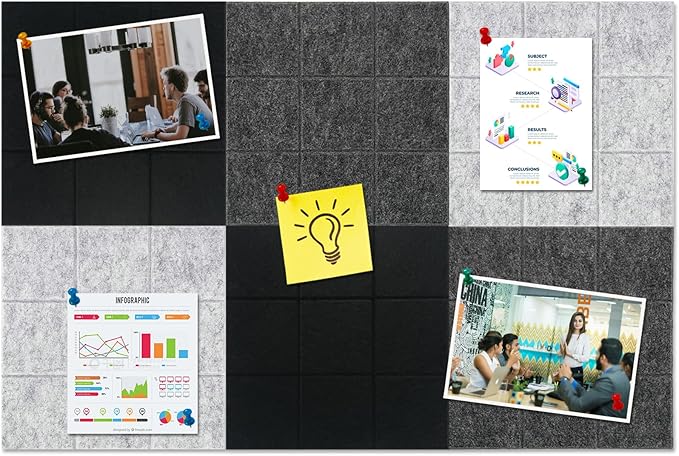 Large Square Felt Cork Board Tiles, Self Adhesive DIY Felt Bulletin Board with 35 Pushpins for Office School Home Wall Decor Stickers Memos (Black & Grey)