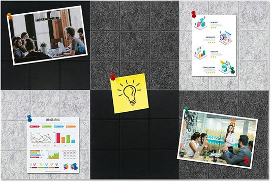 Large Square Felt Cork Board Tiles, Self Adhesive DIY Felt Bulletin Board with 35 Pushpins for Office School Home Wall Decor Stickers Memos (Black & Grey)