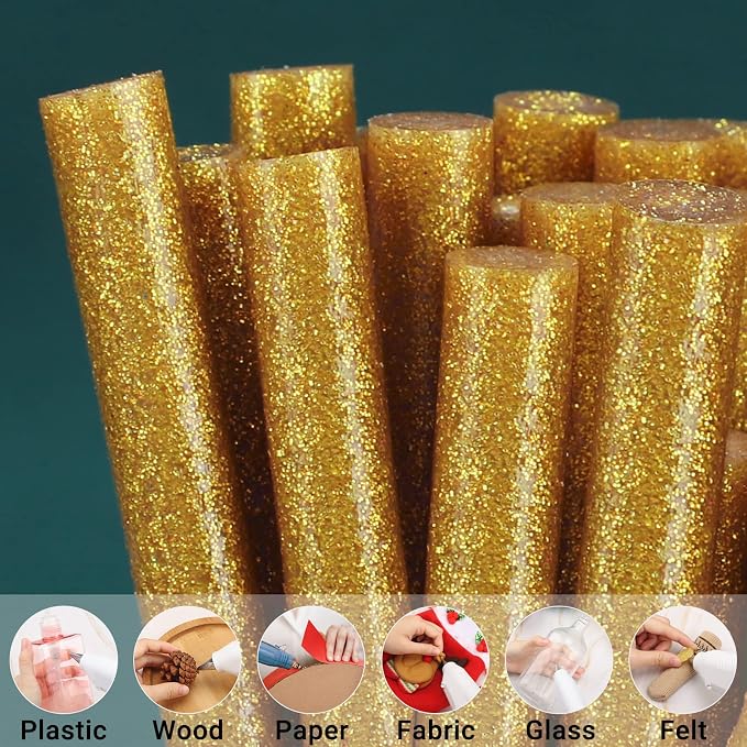 Glitter Gold Hot Glue Sticks, Manarty 48 PCS Full Size Hot Melt Glue Sticks Colored, High and Low Temp Adhesive Gluing Sticks for Craft, Art, DIY, Decoration, Sealing Wax Stamp, 0.43" Dia x 4" Long