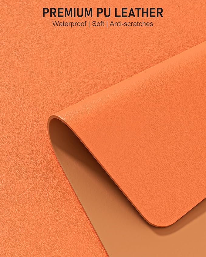 Desk Pad, 35.5" x 17" PU Leather Non-Slip Desk Mat Large Mouse Pad for Desktop, Waterproof Laptop Computer Writing Mat for Office, Home, Work, Gaming, Orange