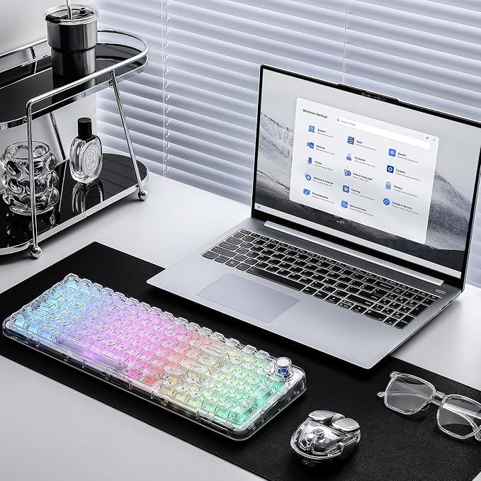 YUNZII X98 Clear Wireless Mechanical Keyboard with Knob (White,Snow Switch) | BT5.0/USB-C/2.4GHz,1800 Layout with Number Pad,Pre-lubed Switches Gasket Mount ,Clear Keyboard with RGB for Wins/Mac/Gaming