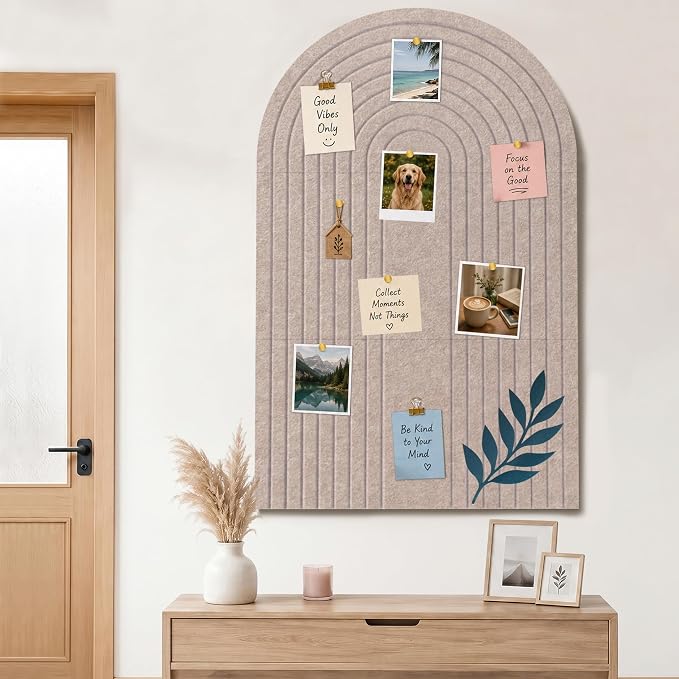 Large Arched Felt Bulletin Board, Stylish Sized 36" x 24" Cork Board Alternative with Grooved Pin Board for Office & Wall, 3 Foldable Customizable Adhesive Tiles with Pins for Photo Display, Camel