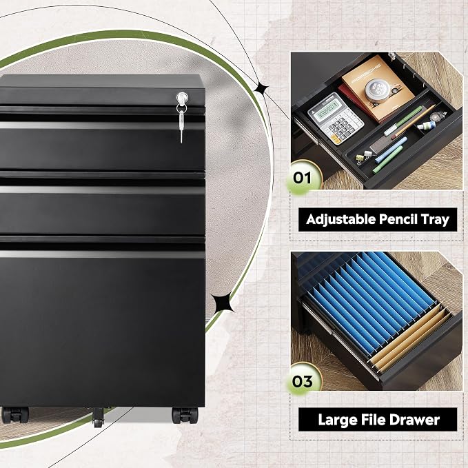 DEVAISE 3 Drawer File Cabinet with Lock, Fully Assembled Except Casters | Metal Filing Cabinet Under Desk for Home Office, Fits Letter/Legal/A4 Size, Black