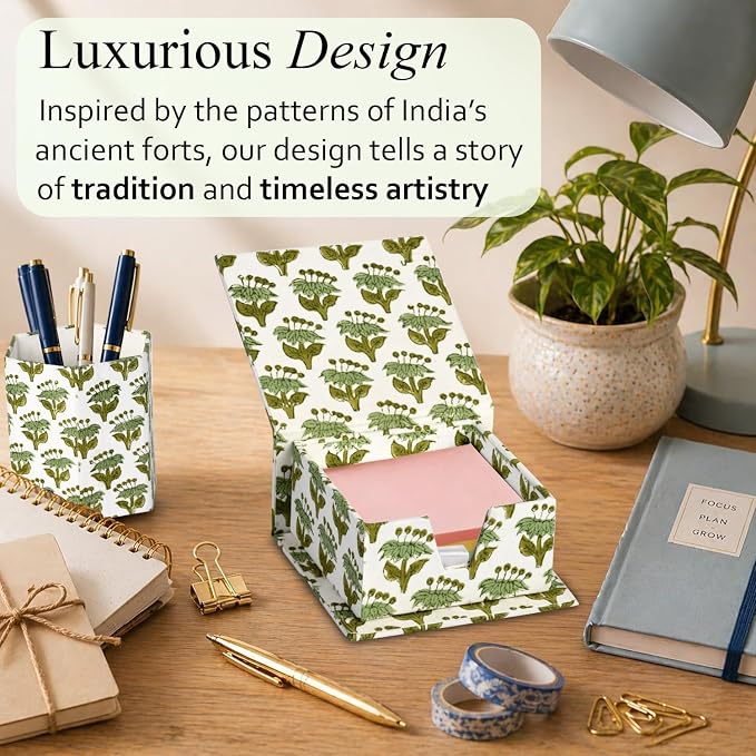 CPC Emerald Green Block Print Cotton Desk Organizer Sticky Note Holder | Cute, Aesthetic, Decor Accessories, Workspace Organizers, Caddy Storage, Gift for Office, Professionals, Student
