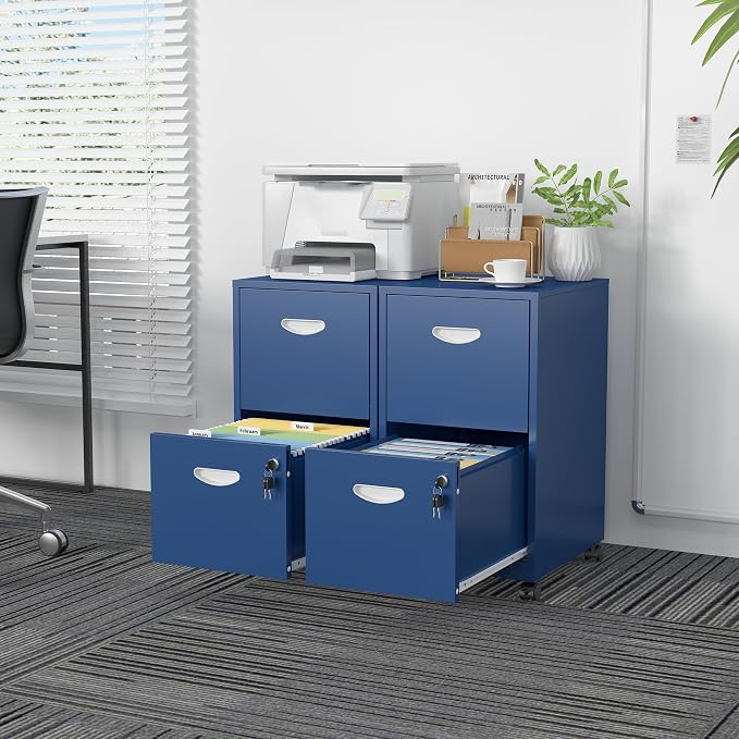 SteeLoong 2 Drawer File Cabinet,Metal Mobile File Cabinet with Lock Blue | Filing Cabinet with Wheel,Vertical File Cabinet for Home Office,Under Desk Rolling File Cabinets for Hanging Letter/A4