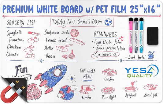 Extra Large Magnetic Dry Erase White Board Sheet for Fridge - 25x16 - Stain Resistant Technology with 3 Markers & Big Eraser with Magnet - Refrigerator Whiteboard Planner Organizer - by Yes4Quality