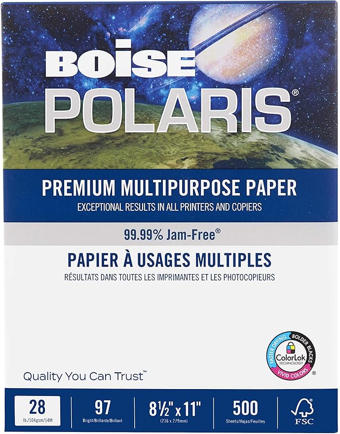 BOISE POLARIS Premium Multipurpose Copy Paper | 8.5" x 11" Letter | 97 Bright White, 28 lb. | 6 Ream Carton (3,000 Sheets)