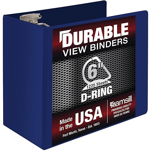 Samsill Durable 6 Inch Binder, Locking D Ring Binder, Customizable Clear View Cover, Dark Blue, Holds 1225 Pages