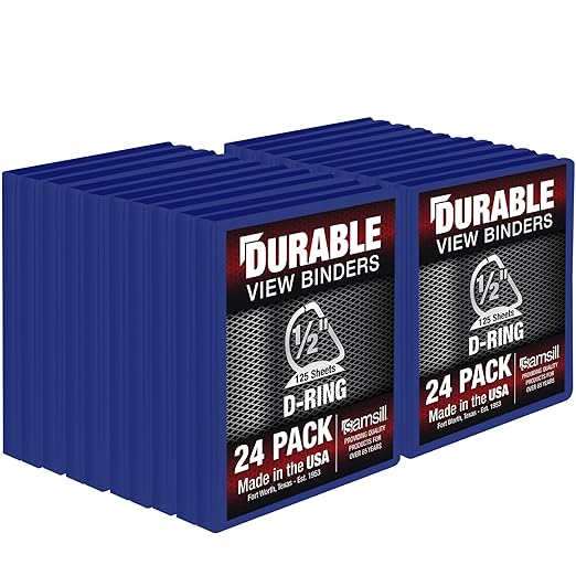Samsill Durable 0.5 Inch Binder, D Ring Binder, Customizable Clear View Cover, Blue, 24 Pack, Each Holds 125 Pages