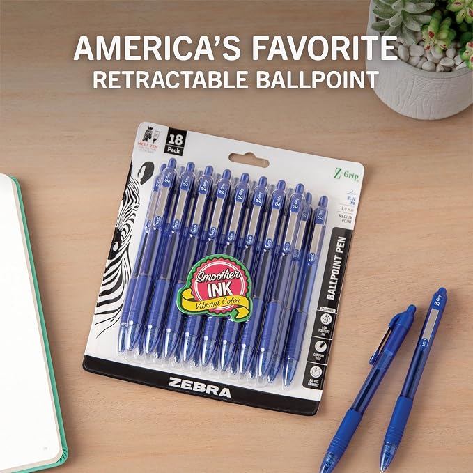 Zebra Pen Z-Grip Retractable Ballpoint Pen, Blue Ink, 1.0mm, 18-Pack | Smooth Writing, Medium Point Tip, Ideal for Planners, Note-Taking, School and Office Supplies, and Everyday Writing (22258)