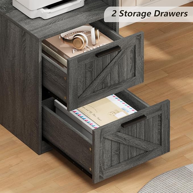 63" Farmhouse L Shaped Desk with Drawers & Printer Shelf for Home Office | Corner Computer Desk with Storage, Power Outlets, L Shaped Office Desk with Monitor Stand, Printer Shelf, Dark Gray