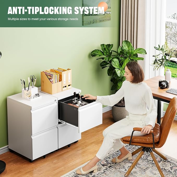 2 Drawer Mobile File Cabinet with Lock,Under Desk Metal Filing Cabinets for Home Office Organizer Letters/Legal/A4(Fully Assembled-White)