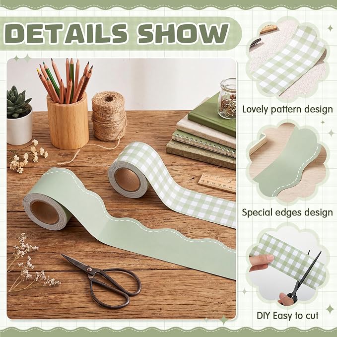 2 Rolls 65.6ft Sage Green Gingham Bulletin Board Borders Decoration Green Checkered and Straight Edge Bulletin Borders Board Trim for Office School Classroom Chalkboard Party Decoration