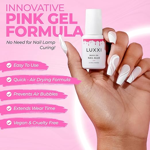 LUXXI Brush On Nail Glue for Press On Nails - Precision Applicator, Quick Air Dry Adhesive for Nail Tips, Artificial & Acrylic, Long Wear Hold, No Uv Lamp Needed | Pink Gel - 0.24oz
