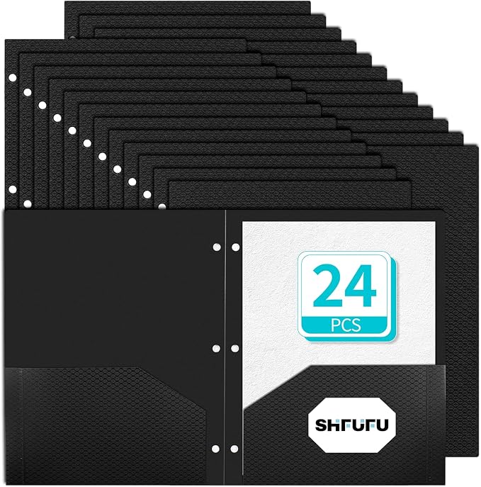 24 Pcs Textured 2 Pocket Folder(Black) Plastic Folders with Pockets 3 Hole Punched, Fits Letter Size 3-Ring Binder, Heavy Duty Textured Folder for School,Office,Back to School Supplies,Bulk