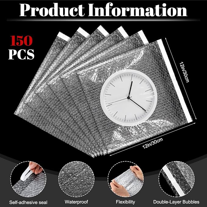 Frienda 150 Pcs Self Adhesive Bubble Bags Packing Pouches, 12" X 12" | Double Wall Clear Protective Wrap, Shockproof for Small Business Shipping Packaging, Cushioned Fragile Items Protection