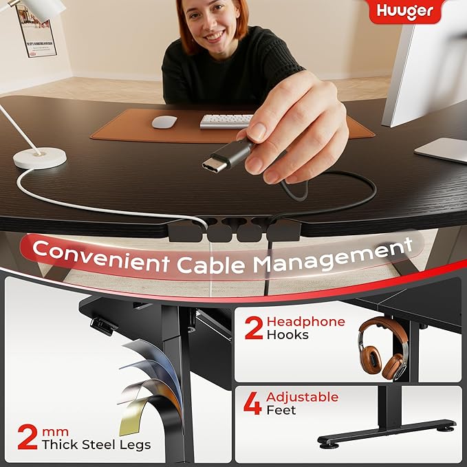 Huuger Electric Standing Desk with Power Outlets and USB-C Port, 47 X 24 Inch Height Adjustable Desk, Sit Stand Desk for Home Office, Computer & Gaming Desk with 4 Presets, Stable Steel Frame, Black