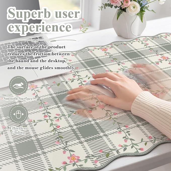 iCasso Light Green Mouse Mat 35.4"x15.7", Desk Shield for Workspace | Stylish Floral Desk Pad Including Stitched Edges, Scalloped Mousepad for Study Dorm Home Office Workspace Area