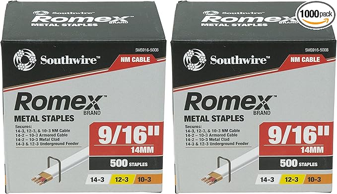 Southwire SMS916-500B, 500 Piece 9/16-inch Romex Metal Staples, Silver (Pack of 2)