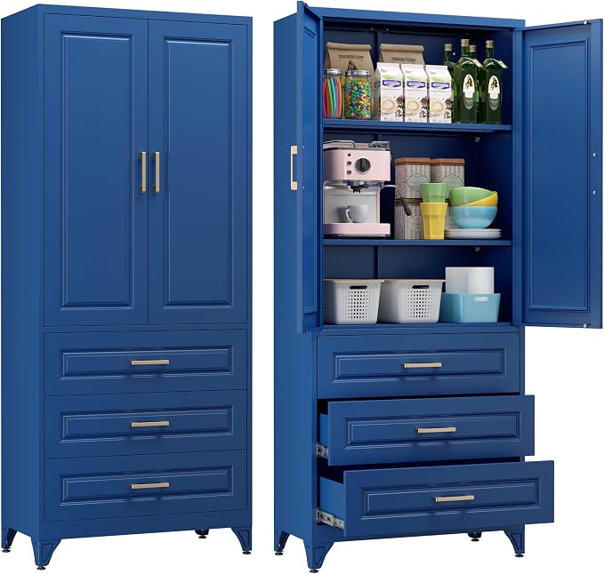 75" Tall Kitchen Pantry Cabinet, Storage Cabinet with 3 Drawers | Metal Kitchen Cabinet with Doors & 2 Adjustable Shelves, Tall Food Pantry, Cupboard for Kitchen, Dining Room, Garage, Office