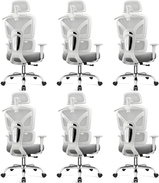 Ergonomic Office Desk Chair, High Back Mesh Office Chair with Adjustable Lumbar Support, 3D Headrest, Big and Tall Home Computer Desk Chairs Comfy for Work, Gaming, 300lbs, (Gray, 6 Pack)