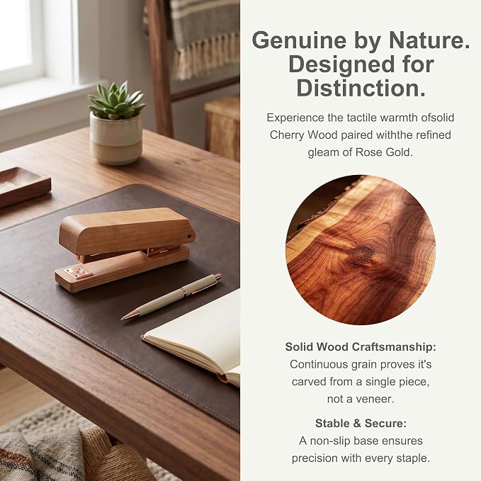 MultiBey Natural Cherry Wood Desk Stapler - 25 Sheet Capacity | Jam-Free Desktop Stapler with 1000 Staples, Retro Woodgrain Stapler Desk Accessories for Office, Home
