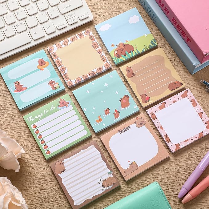 9 Pads Capybara Sticky Notes, 3x3 Inch Cute Stick Notepads | Adhesive Memo Notes Pad, Coworker Gifts, Office Supplies Decor, Desk Accessories for Students, Teacher, Meeting