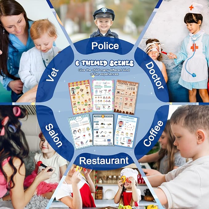 Kids Pretend Play Notepads 4X6 In Pretend Play Notebooks Playtime Notepads Variety Role Play Game Accessories Pages Each for Kids Toddlers 3-5(6,Coffee shop/restaurant/doctor/police/vet/salon)