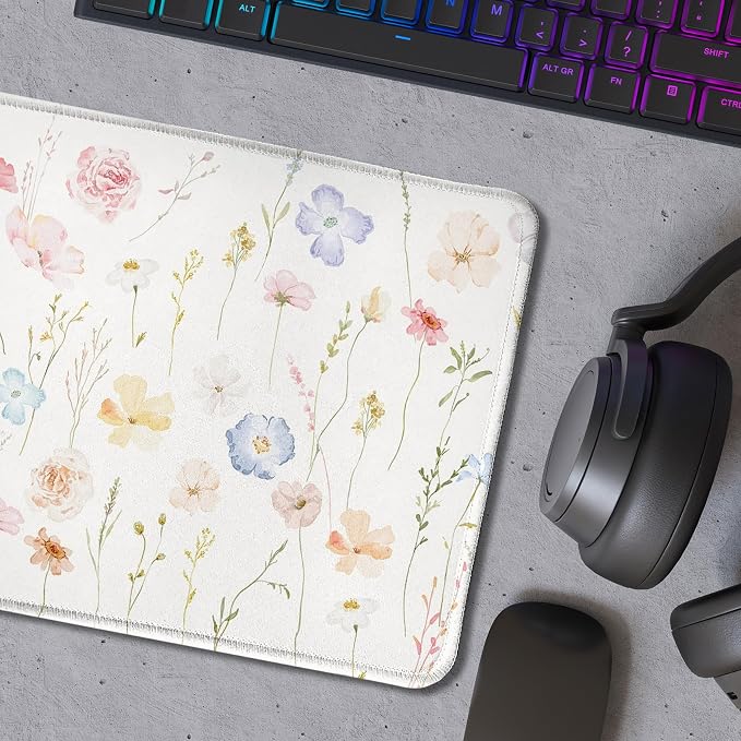 Flower Watercolor Wildflower Mouse Pads for Wireless Mouse Computers Laptop Desk Accessories, Cute Aesthetic Mouse Pad, Desk Supplies for Women Office, 9.5x7.9 Inch