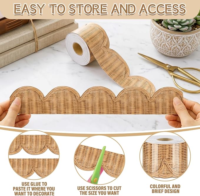 Zonon 65.6 Feet Rattan Bulletin Board Borders Farmhouse Scalloped Border for Bulletin Board Trim Rolled Classroom Decorations for Back to School Classroom Chalkboard Home Office Wall Decor