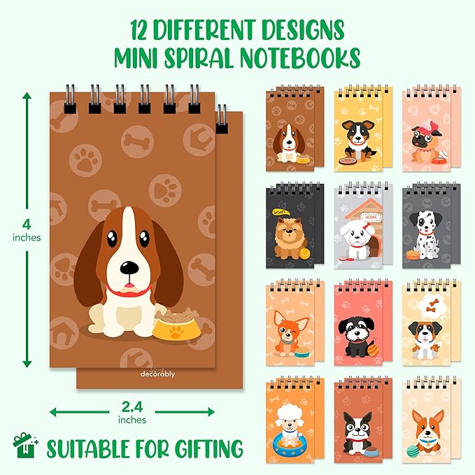 Decorably 24 Pack Dog Themed Mini Notebooks for Kids Party Favors - 12 Adorable Designs 2.4x4in Small Notebooks for Kids, Spring-Bound, 20 Sheets