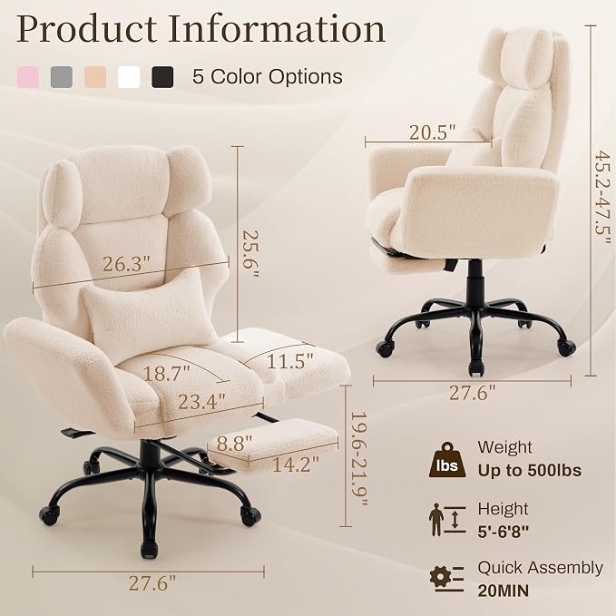 Office Chair with Flip Armrests,Big and Tall Office Chair with Foot Rest,Extra Wide Seat & Lumbar Pillow,Ergonomic Computer Gaming Chair,Comfy Criss Cross Chair for Pets Sitting,Teddy Fleece,Beige