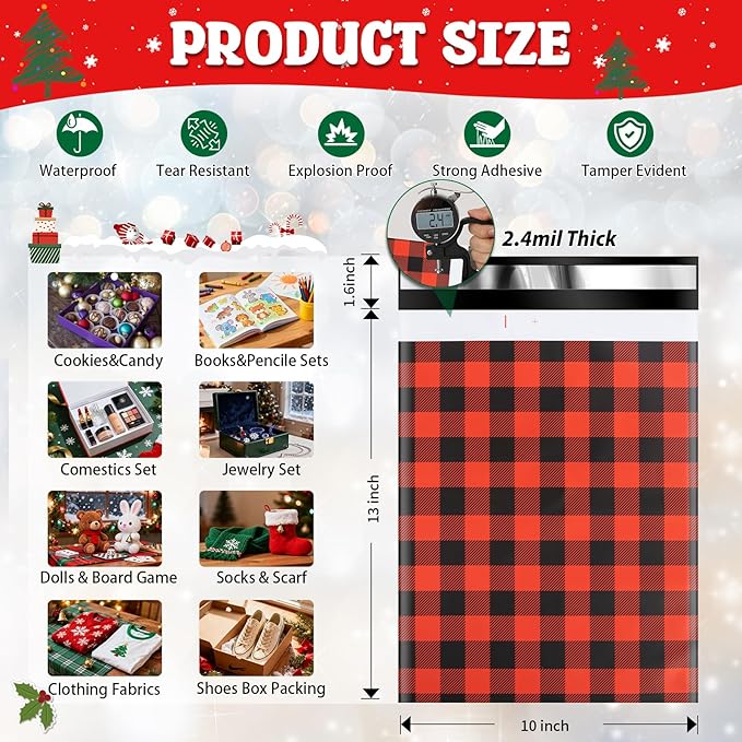 Oududianzi Christmas Poly Mailers 10x13, 100PCS Plastic Shipping Bags, Mailers Poly Bags for Shipping, Self-Seal Mailing Bags, Holiday Polymailers Packaging Bags for Small Business and Clothes