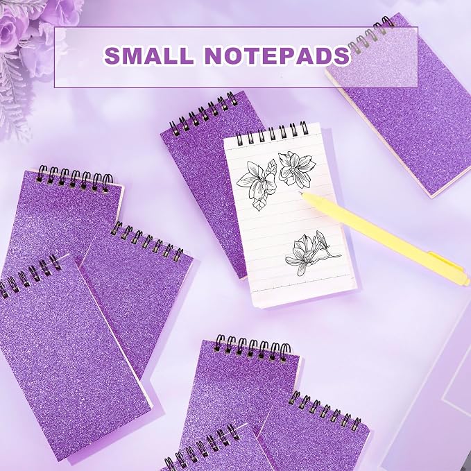 Tenceur 2 Pcs Pocket Notebook Small 3x5 Inch Glitter Purple Top Spiral Notepads Bound Notebook with Lined 120 Pages Mini Memo Pads for Office College Nurse Essentials Back to School Gift