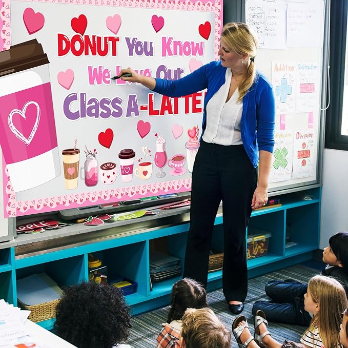 Valentine's Day Latte Bulletin Board Set Coffee Theme Classroom Decoration Valentines Coffee Cup Heart Motivational Paper Cutouts for School Classroom Party Chalkboard Wall Decor Teacher Supplies