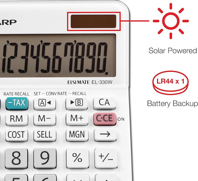 Sharp EL-330WB Standard Function Basic Desktop Calculator, Large Display, for Home and Office, Dual Power, Solar and Battery…